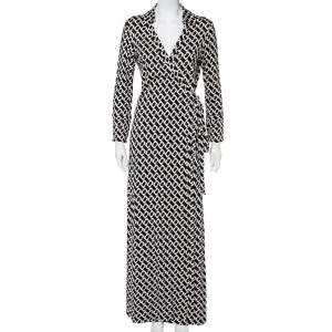 Pre Owned Diane Von Furstenberg Monochrome Silk Abigail Maxi Wrap Dress XL