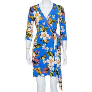 Pre Owned Diane Von Furstenberg Blue Floral Printed Knit Mini Wrap Dress S