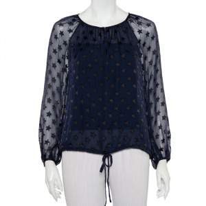 Pre Owned Diane von Furstenberg Navy Blue Star Pattern Fil Coupe Waist Tie Detail Top S