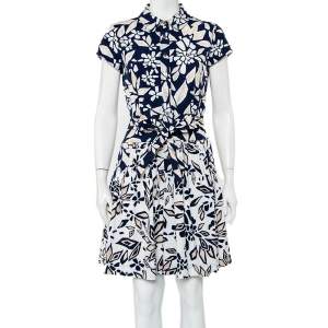 Pre Owned Diane Von Furstenberg Navy Blue Printed Cotton Belted Scarlet Mini Dress M