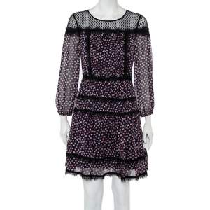 Pre Owned Diane Von Furstenberg Navy Blue Printed Silk & Tulle Paneled Jamie Dress S
