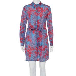 Pre Owned Diane Von Furstenberg Blue Printed Cotton Belted Mykonos Breeze Shirt Dress S