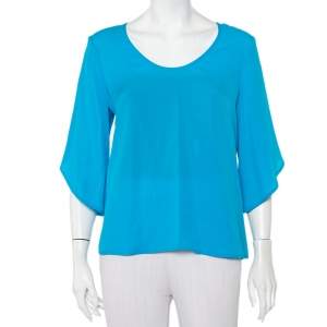 Pre Owned Diane Von Furstenberg  Blue Silk Tulip Sleeve Detail Nancy Top M