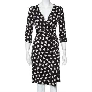 Pre Owned Diane von Furstenberg Monochrome Printed Silk Knit New Julian Wrap Dress M
