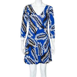 Pre Owned Diane Von Furstenberg Blue Printed Silk Knit Kaden Dress M