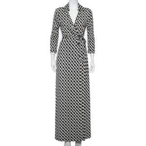 Pre Owned Diane Von Furstenberg Monochrome Silk Abigail Maxi Wrap Dress L