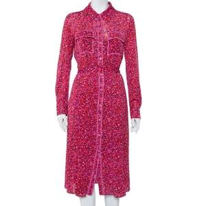 Pre Owned Diane Von Furstenberg Pink Floral Printed Mesh Button Front Belted Midi Dress M