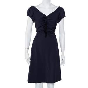 Pre Owned Diane Von Furstenberg Navy Blue Ruffle Detail Samaya Dress L