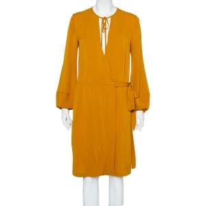 Pre Owned Diane Von Furstenberg Mustard Yellow Silk Mini Wrap Nove Dress M