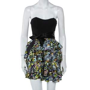 Pre Owned Diane Von Furstenberg Multicolor Satin & Knit Waist Tie Detail Strapless Mini Dress XS