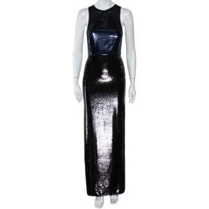 Pre Owned Diane Von Furstenberg Navy Blue & Black Sequined Silk Sheer Back Detail Gown XS