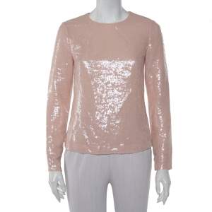 Pre Owned Diane von Furstenberg Peach Sequin Embellished Menaro Blouse S