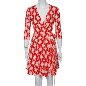 Pre Owned Diane von Furstenberg Orange Palm Printed Silk Mini Wrap Dress M