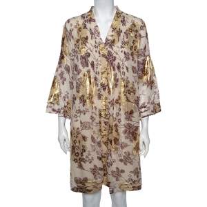 Pre Owned Diane von Furstenberg Cream Floral Printed Fil Coupe' Pintuck Detail Layla Dress L