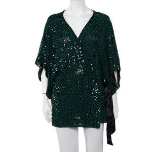 Pre Owned Diane Von Furstenberg Green Sequin Embellished Kallina Wrap Top L