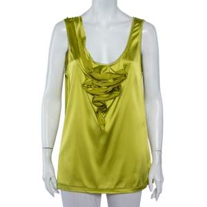 Pre Owned Diane Von Furstenberg Green Silk Satin Draped Detail Imara Top XL