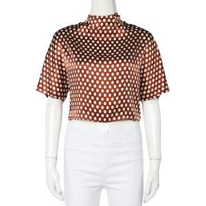 Pre Owned Diane Von Furstenberg Brown Polka Dot Silk Neck Tie Detail Short Top S