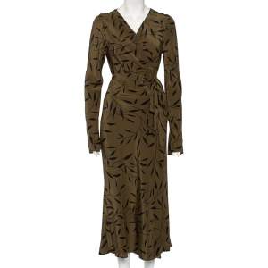 Pre Owned Diane Von Furstenberg Green Leaf Printed Silk Maxi Wrap Dress L