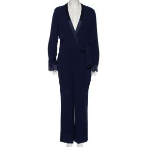 Diane Von Furstenberg Navy Blue Crepe Wrap Detail Margot Jumpsuit L