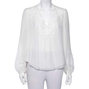 Pre Owned Diane Von Furstenberg White Silk Embroidered Neck Detail Maslyn Top M