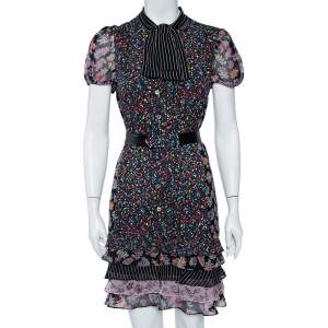 Pre Owned Diane Von Furstenberg Black Multiprinted Silk Neck Tie Detail Belted Gypsy Dress M