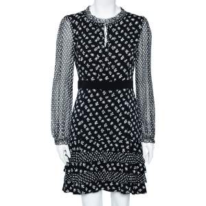 Pre Owned Diane Von Furstenberg Monochrome Floral Printed Silk Ruffle Detail Fionna Dress M