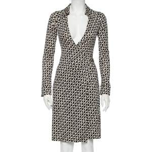 Pre Owned Diane Von Furstenberg Monochrome Printed Silk Knit Midi Wrap Dress S