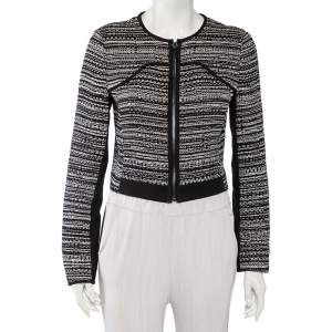 Pre Owned Diane Von Furstenberg Monochrome Tweed Zip Front Collarless Caity Jacket S