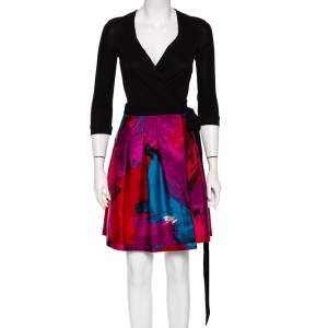 Pre Owned Diane Von Furstenberg Multicolor Wool & Knit Paneled Jewel Mini Wrap Dress XS