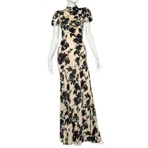 Pre Owned Diane Von Furstenberg Cream Floral Printed Jersey Embellished Open Back Dixie Gown M