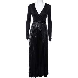 Pre Owned Diane von Furstenberg Black Knit & Metallic Plissé Heavyn Maxi Wrap Dress S