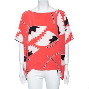 Pre Owned Diane Von Furstenberg Coral Floral Printed Silk Oversized Hanky Tunic S
