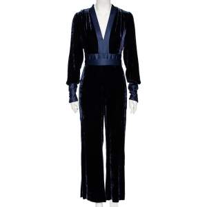 Diane Von Furstenberg Navy Blue Velvet Claude Satin-Trimmed Jumpsuit M
