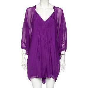 Pre Owned Diane von Furstenberg Purple Silk Fleurette Flutter-Sleeve Mini Dress S