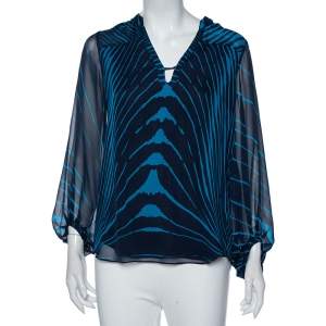 Pre Owned Diane Von Furstenberg Blue Tanyana Clean Print Silk Blouse M