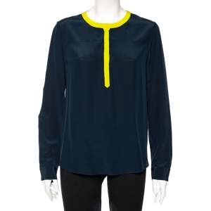 Pre Owned Diane Von Furstenberg Navy Blue Silk Maisy Contrast Collar Trim Detail Shirt L