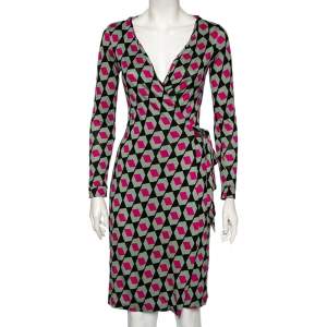 Pre Owned Diane Von Furstenberg Multicolored Printed Silk New Julian Wrap Dress S