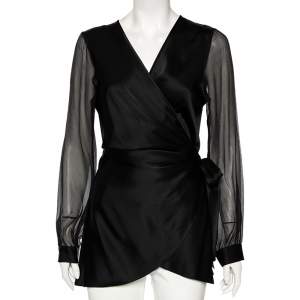 Pre Owned Diane von Furstenberg Black Satin Klee Sheer Sleeve Wrap Blouse M