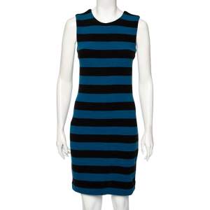 Pre Owned Diane von Furstenberg Blue-Black Striped Textured Wool Rigmora Dress M