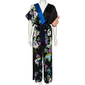 Diane von Furstenberg Black Floral Printed Silk Belted Jumpsuit M
