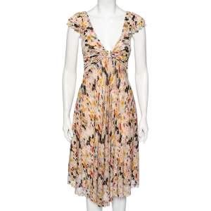 Pre Owned Diane von Furstenberg Multicolor Peony Printed Silk Knit Plunge Neck Eliet Dress S