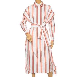 Pre Owned Diane von Furstenberg  White Striped Cotton Belted Oversized Shirt Dress XS