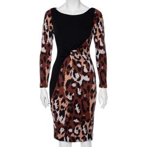 Diane von Furstenberg Black & Brown Leopard Printed Wool Masankay Dress S