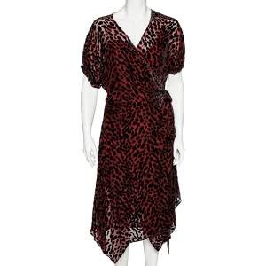 Pre Owned Diane von Furstenberg Burgundy Leopard Pattern Devore Katherine Wrap Dress L