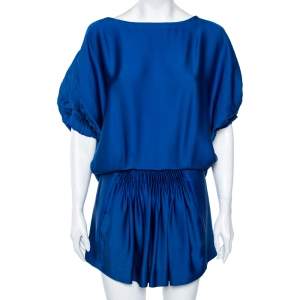Pre Owned Diane von Furstenberg Blue Silk Ruched Handy Dress S