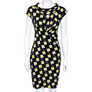 Pre Owned Diane von Furstenberg Black Geometric Printed Silk Gathered Detail Dress S