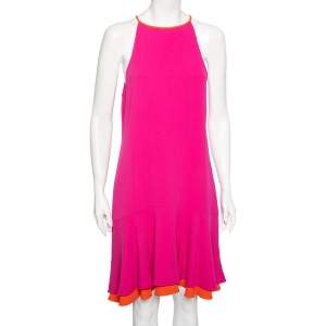 Pre Owned Diane von Furstenberg Pink & Orange Crepe Kera Combo Halter Neck Dress L 