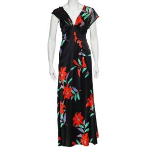 Pre Owned Diane Von Furstenberg Black Floral Printed Silk Maxi Dress M