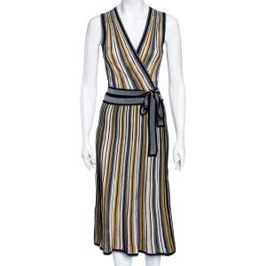 Pre Owned Diane von Furstenberg Multicolored Striped Lurex Knit Cadenza Wrap Dress S