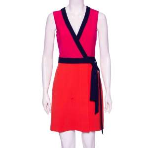 Diane von Furstenberg Orange & Pink Knitted Gracie Wrap Dress S
